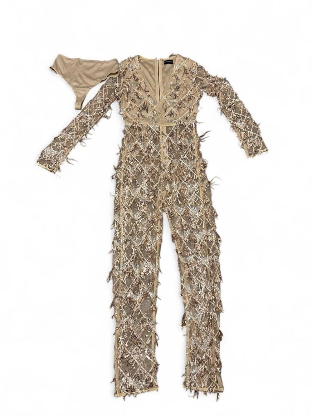 PrettyLittleThing Size 2  Embellished Metallic Tan Jumpsuit
